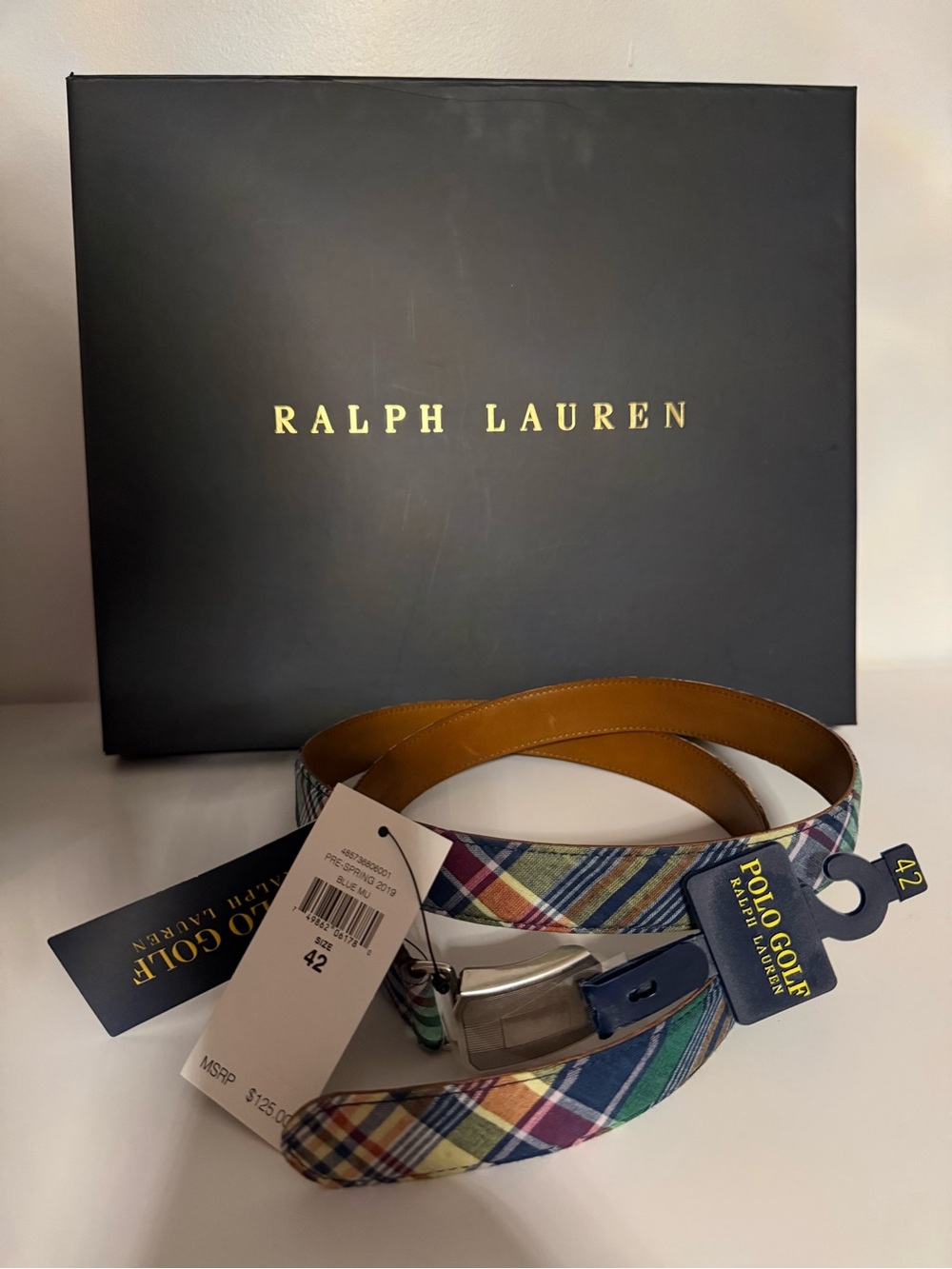 Polo Golf Ralph Lauren Men’s Plaid Belt Size 42 NWT Multicolor Leather